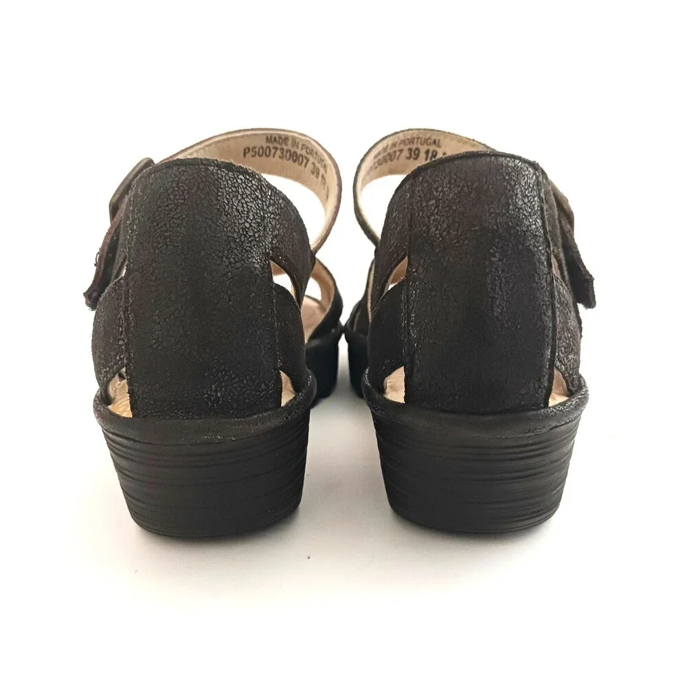 FLY London Rese730Fly Blk Leather Strappy Wedge Sandal Ankle Strap 39/8-8.5